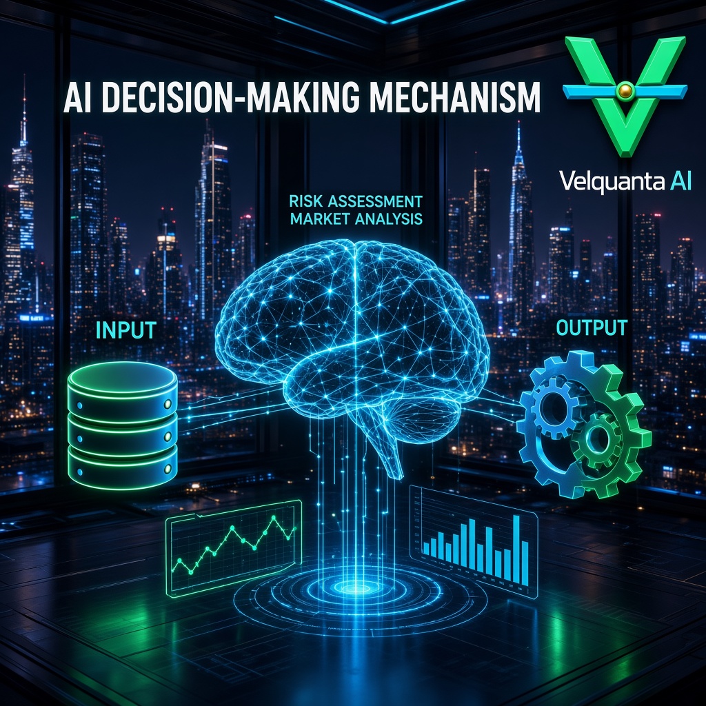 Esquema del motor predictivo Velquanta AI con nodos de analisis de riesgo y mercado en arquitectura neuronal