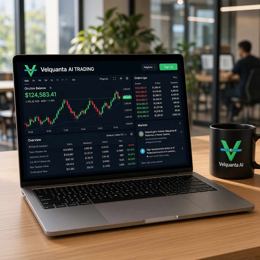 Terminal Velquanta AI en notebook con panel de trading en vivo y curva de rendimiento en verde