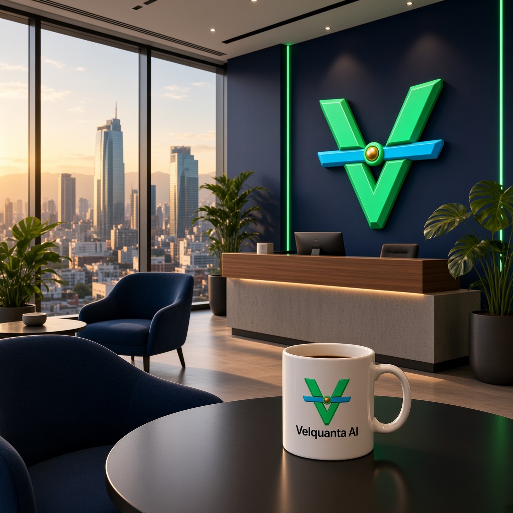 Recepcion de la sede central Velquanta AI con iluminacion LED verde y logo institucional sobre una pared azul