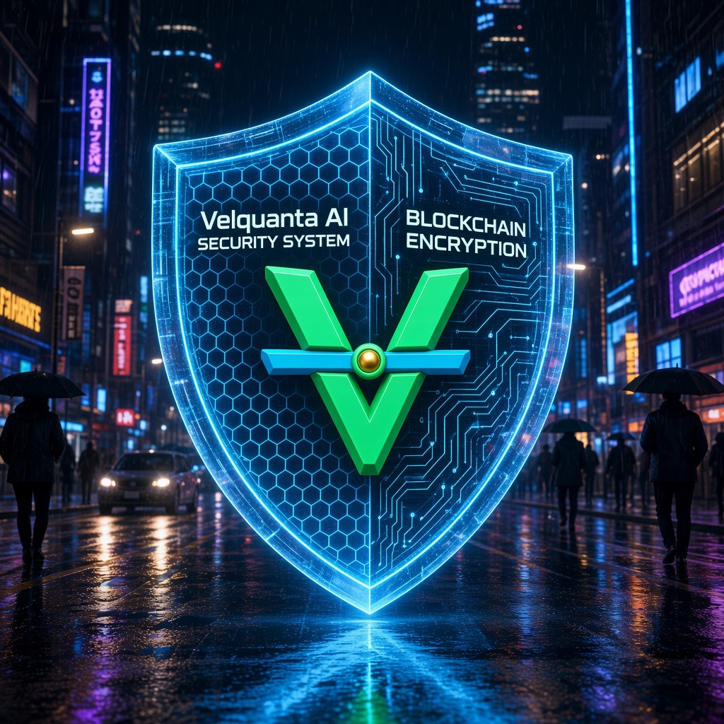 Escudo digital Velquanta AI sobre una ciudad, representando proteccion multicapa de activos