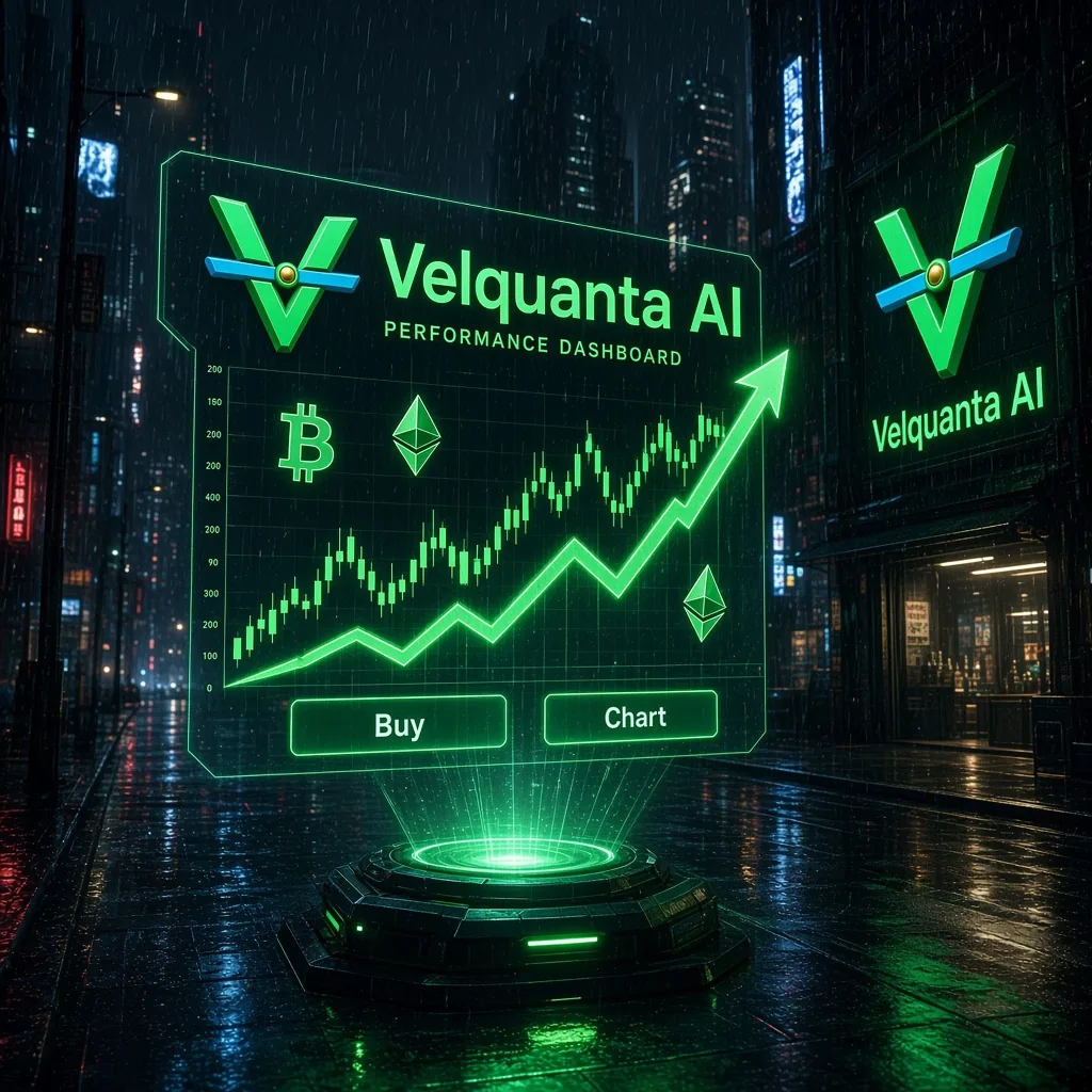 Panel de rendimiento Velquanta AI con curvas verdes ascendentes proyectadas en una pantalla urbana